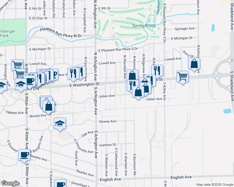 map of restaurants, bars, coffee shops, grocery stores, and more near 115 South Catherwood Avenue in Indianapolis