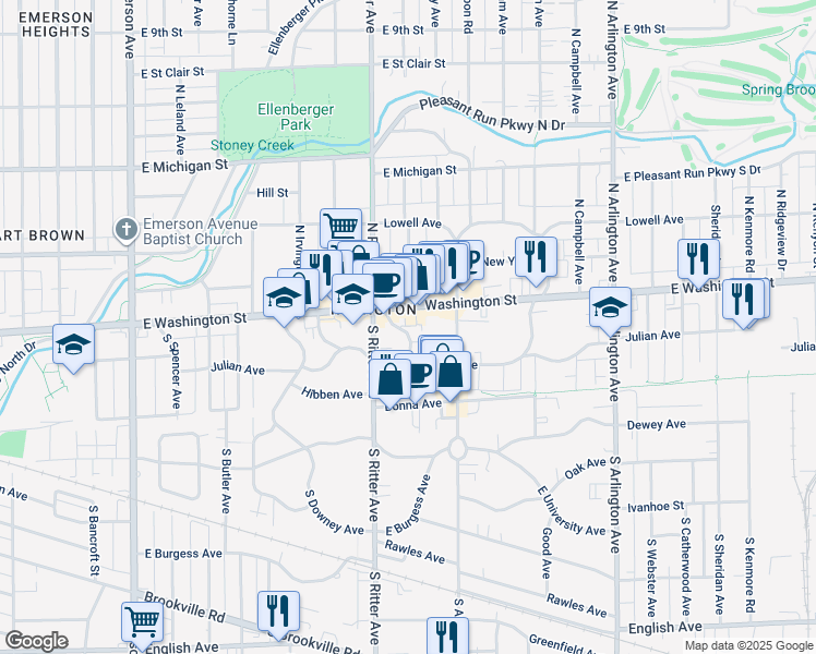 map of restaurants, bars, coffee shops, grocery stores, and more near 47 Johnson Avenue in Indianapolis