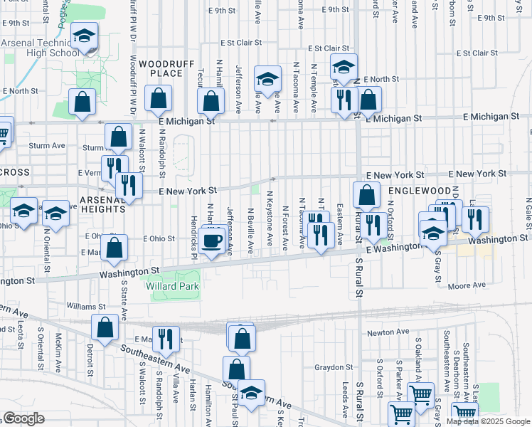 map of restaurants, bars, coffee shops, grocery stores, and more near 49 North Beville Avenue in Indianapolis