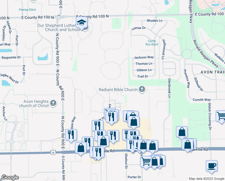 map of restaurants, bars, coffee shops, grocery stores, and more near 430 Creekwood Drive in Avon