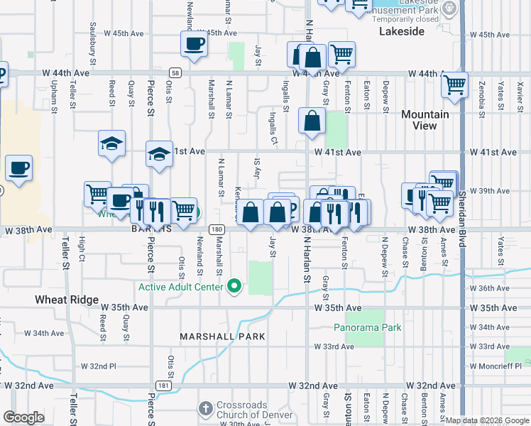 map of restaurants, bars, coffee shops, grocery stores, and more near 6150 West 39th Avenue in Wheat Ridge