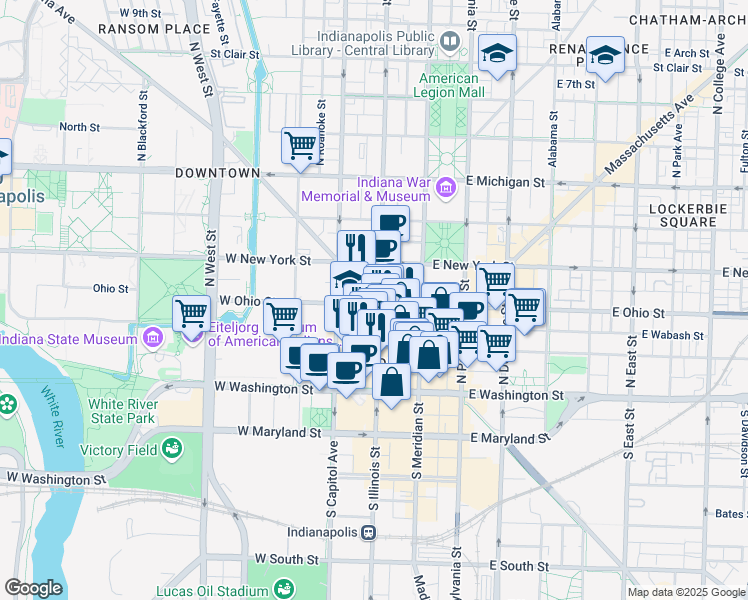 map of restaurants, bars, coffee shops, grocery stores, and more near 112 West Ohio Street in Indianapolis