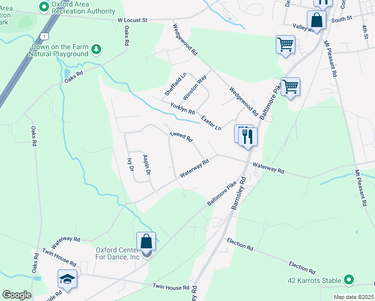 map of restaurants, bars, coffee shops, grocery stores, and more near 117 Tweed Road in Oxford