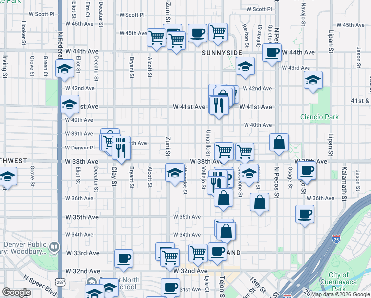 map of restaurants, bars, coffee shops, grocery stores, and more near in Denver