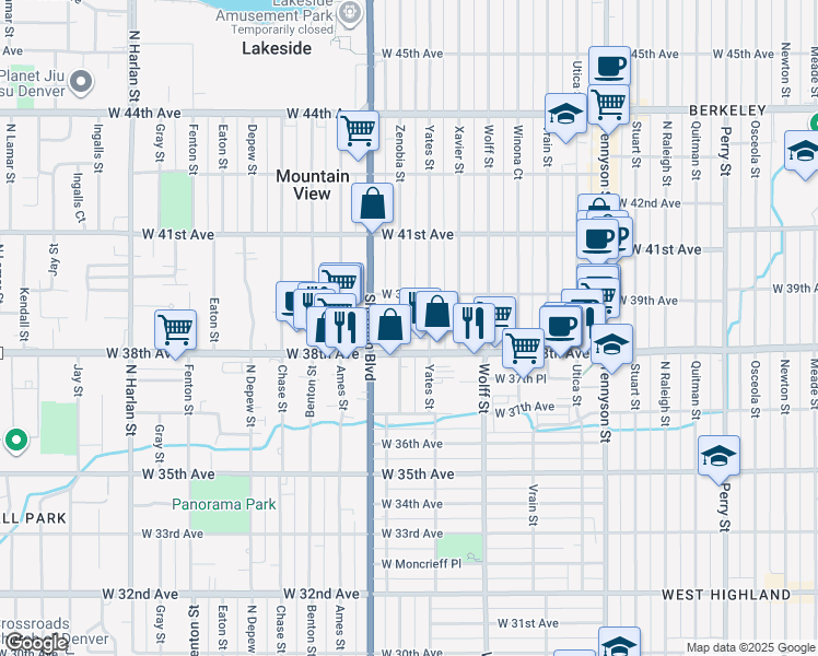 map of restaurants, bars, coffee shops, grocery stores, and more near 5001 West 38th Avenue in Denver