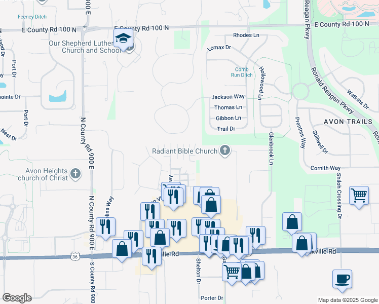 map of restaurants, bars, coffee shops, grocery stores, and more near Zephyr Lane in Avon