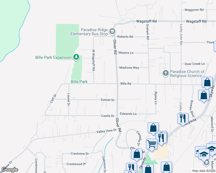 map of restaurants, bars, coffee shops, grocery stores, and more near 620 Bille Road in Paradise