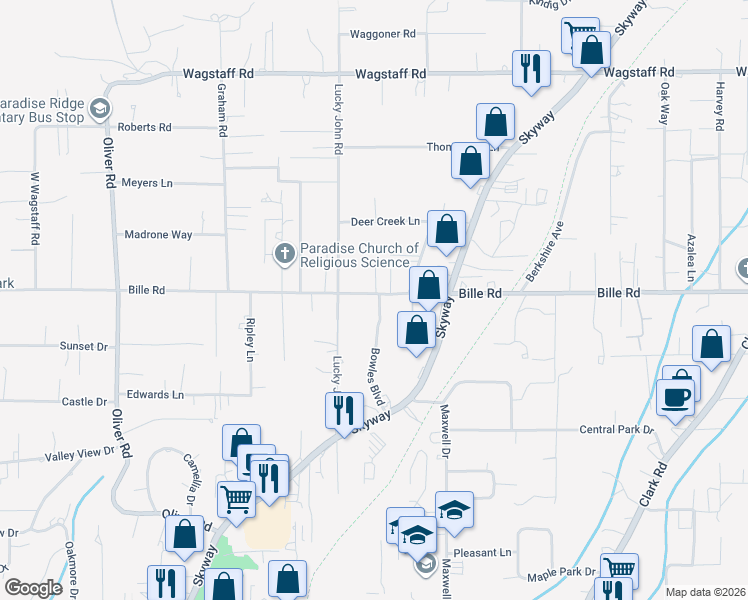 map of restaurants, bars, coffee shops, grocery stores, and more near 6169 Bowles Boulevard in Paradise