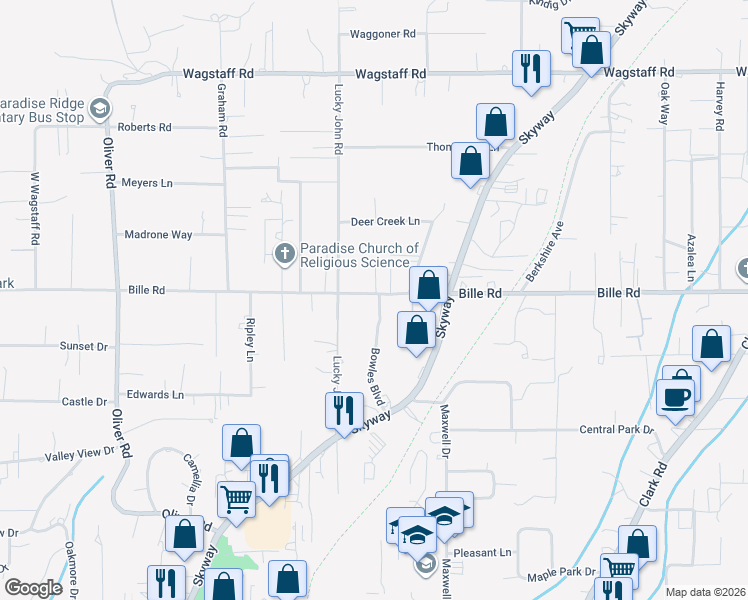 map of restaurants, bars, coffee shops, grocery stores, and more near 904 Bille Road in Paradise
