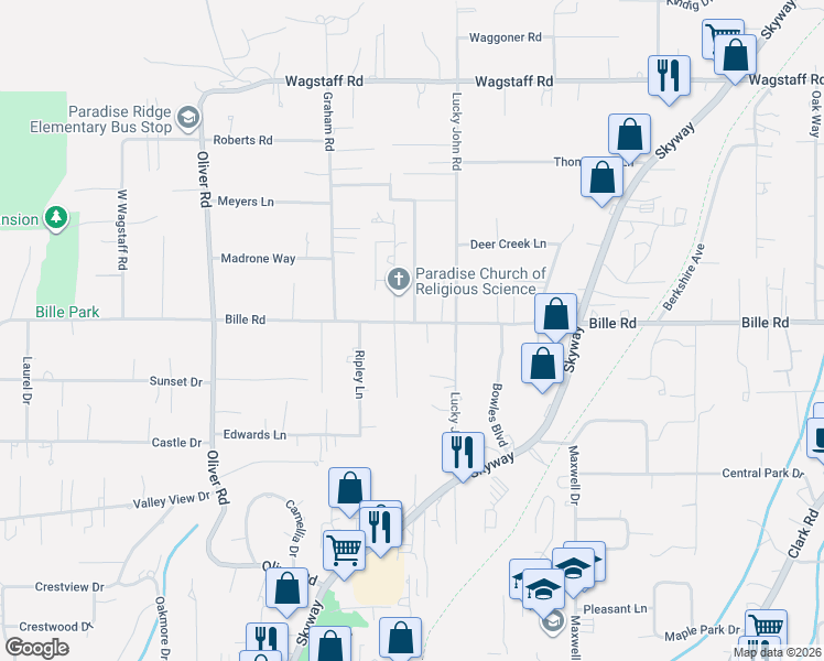 map of restaurants, bars, coffee shops, grocery stores, and more near 6164 Fern Lane in Paradise