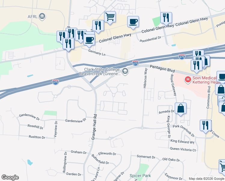 map of restaurants, bars, coffee shops, grocery stores, and more near 2743 Monterey Circle in Beavercreek
