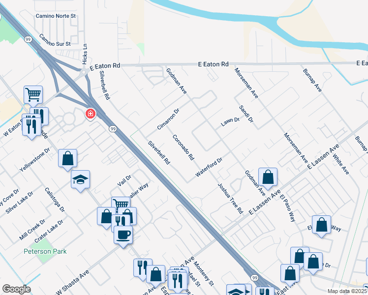 map of restaurants, bars, coffee shops, grocery stores, and more near 3087 Coronado Road in Chico