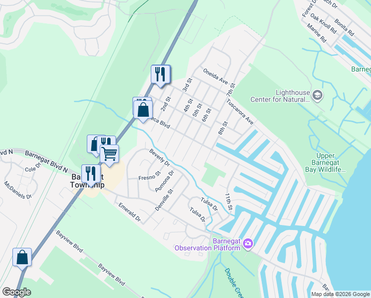 map of restaurants, bars, coffee shops, grocery stores, and more near 111 6th Street in Ocean Township