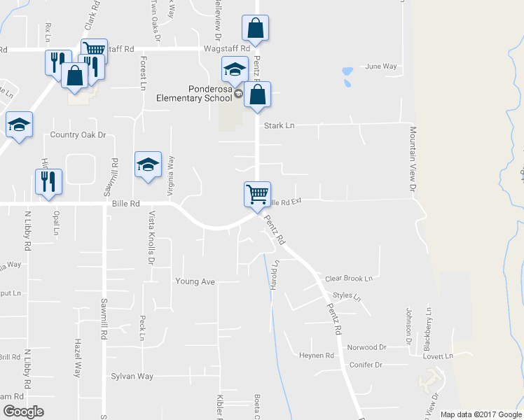 map of restaurants, bars, coffee shops, grocery stores, and more near 1846 Bille Road in Paradise