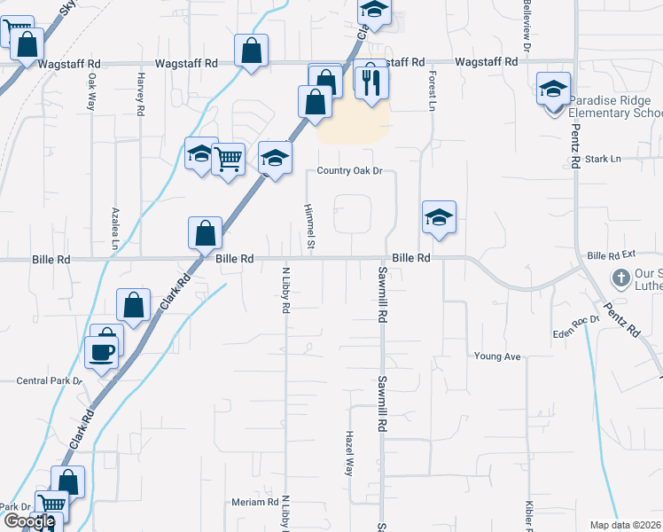 map of restaurants, bars, coffee shops, grocery stores, and more near 1448 Bille Road in Paradise