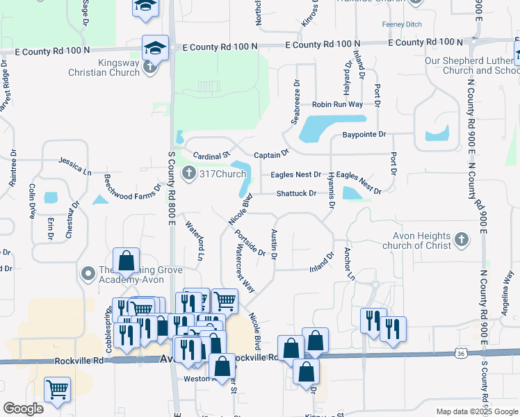 map of restaurants, bars, coffee shops, grocery stores, and more near 8276 Bayshore Lane in Avon