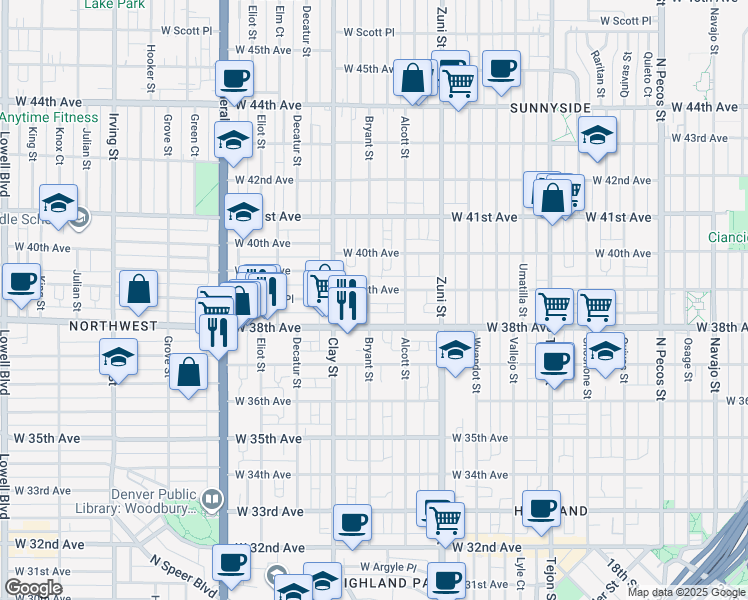 map of restaurants, bars, coffee shops, grocery stores, and more near 2615 West 38th Avenue in Denver