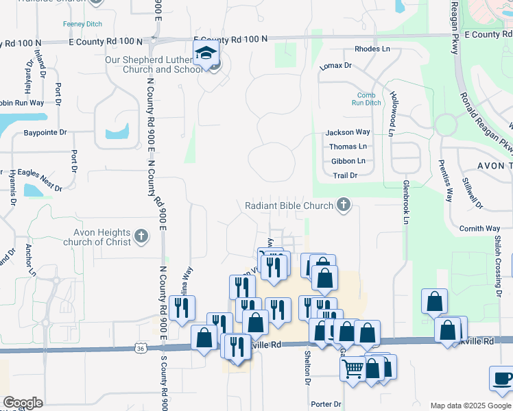 map of restaurants, bars, coffee shops, grocery stores, and more near 9356 Villa Woods Drive in Avon