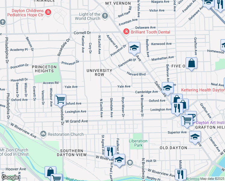 map of restaurants, bars, coffee shops, grocery stores, and more near 223 Oxford Avenue in Dayton