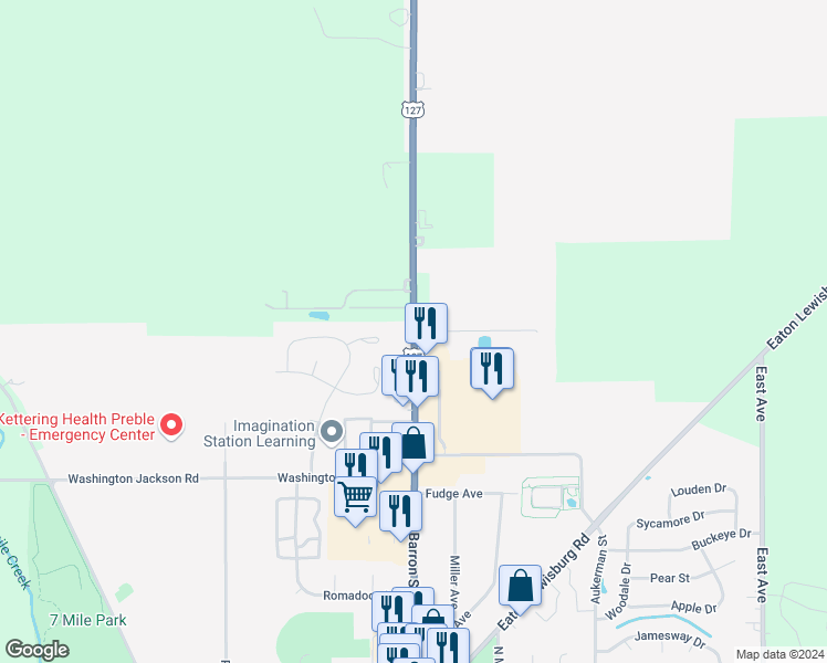 map of restaurants, bars, coffee shops, grocery stores, and more near 1705 U.S. 127 in Eaton