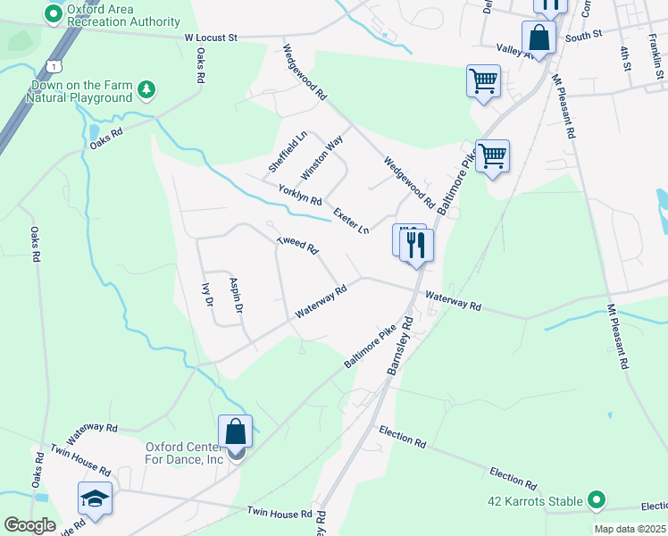 map of restaurants, bars, coffee shops, grocery stores, and more near 108 Tweed Road in Oxford