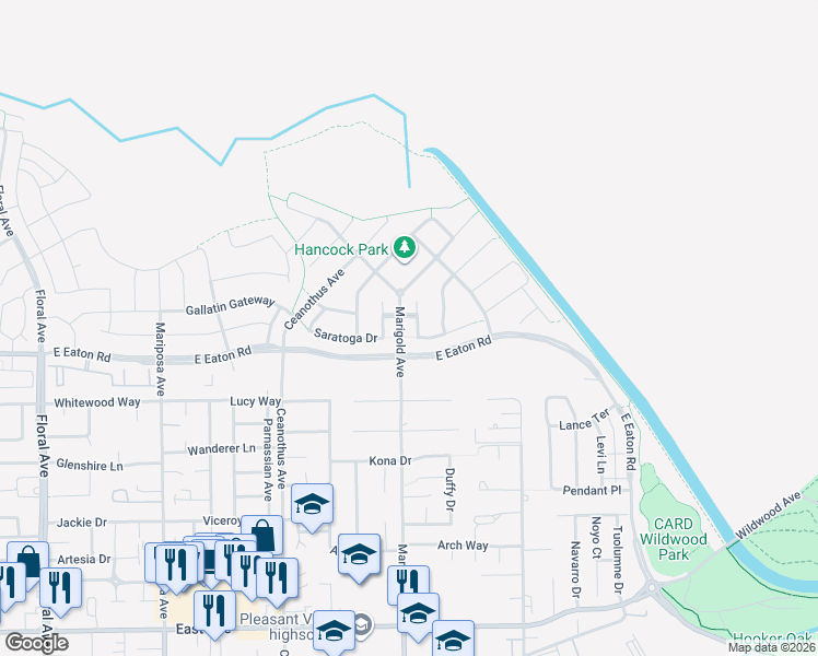 map of restaurants, bars, coffee shops, grocery stores, and more near 3019 Coach Lite Drive in Chico