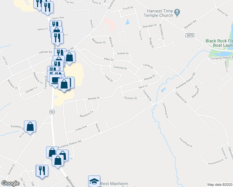 map of restaurants, bars, coffee shops, grocery stores, and more near 1380 Wanda Drive in Hanover