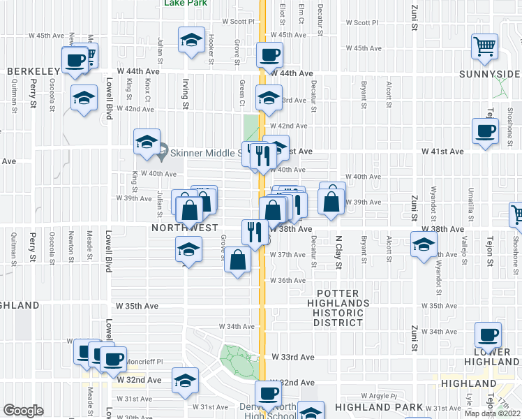 map of restaurants, bars, coffee shops, grocery stores, and more near Federal Blvd & W Denver Pl in Denver