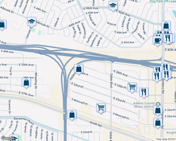 map of restaurants, bars, coffee shops, grocery stores, and more near 14209-14327 E 35th Pl in Aurora