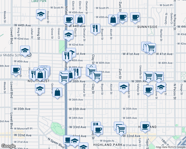 map of restaurants, bars, coffee shops, grocery stores, and more near 2709 West 38th Avenue in Denver