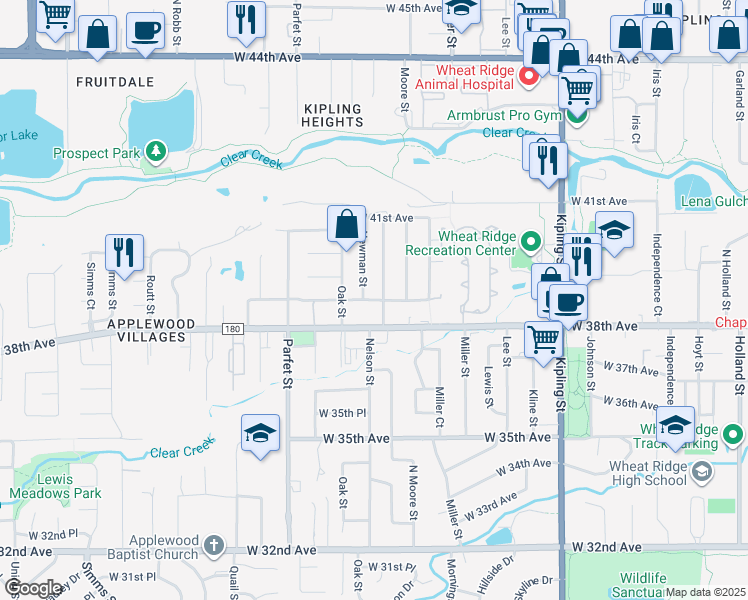 map of restaurants, bars, coffee shops, grocery stores, and more near 10595 West 38th Avenue in Wheat Ridge