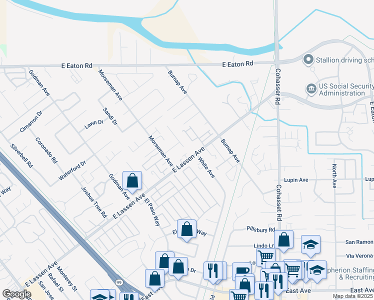 map of restaurants, bars, coffee shops, grocery stores, and more near 2769 White Avenue in Chico