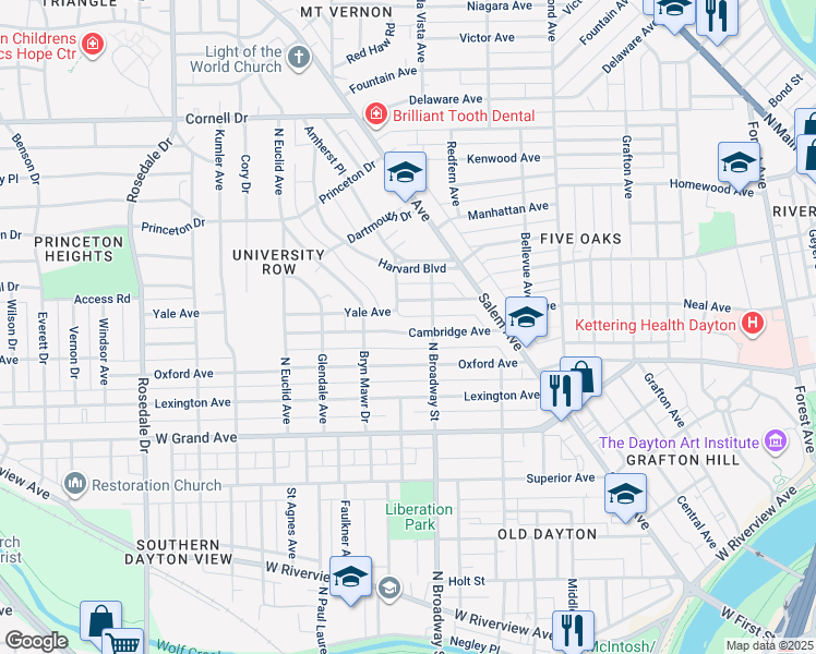 map of restaurants, bars, coffee shops, grocery stores, and more near 109 Oxford Avenue in Dayton