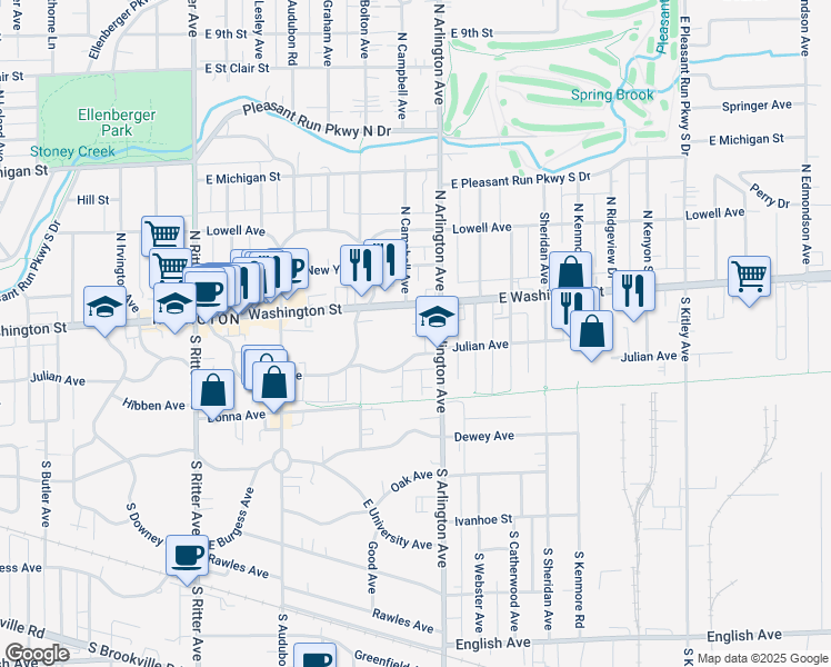 map of restaurants, bars, coffee shops, grocery stores, and more near 5910 Julian Avenue in Indianapolis
