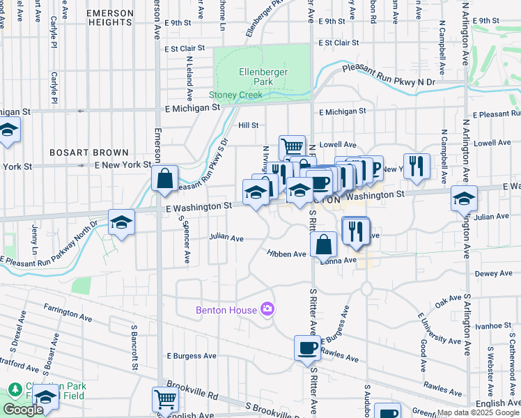 map of restaurants, bars, coffee shops, grocery stores, and more near 5333 East Washington Street in Indianapolis