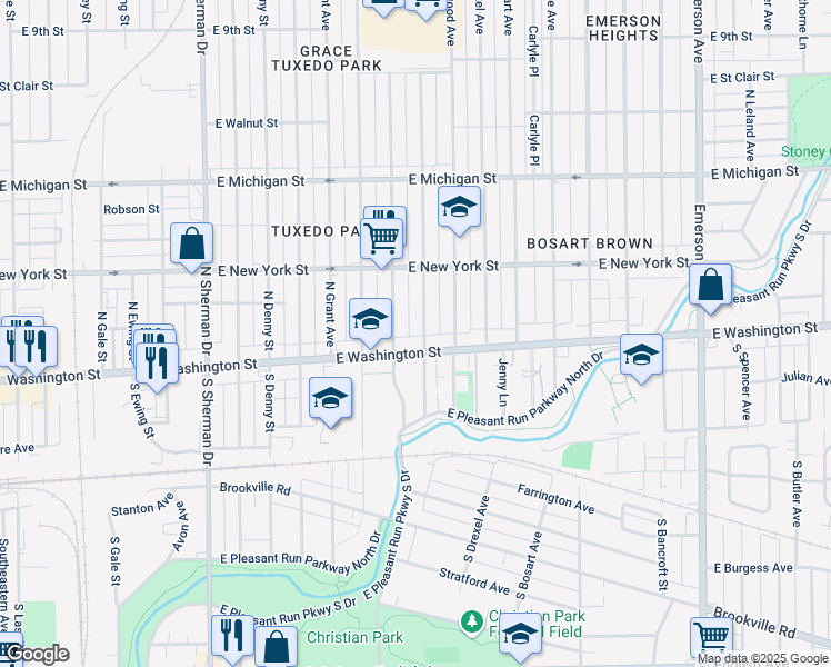 map of restaurants, bars, coffee shops, grocery stores, and more near 4317 East Washington Street in Indianapolis
