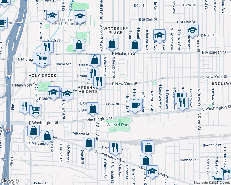 map of restaurants, bars, coffee shops, grocery stores, and more near 216 North Randolph Street in Indianapolis
