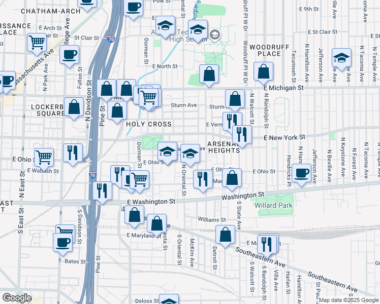 map of restaurants, bars, coffee shops, grocery stores, and more near 1424 East Ohio Street in Indianapolis