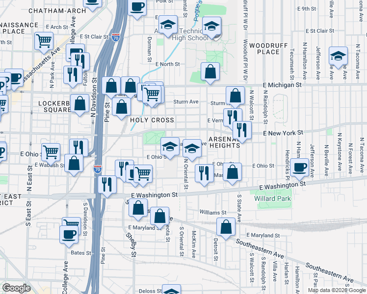 map of restaurants, bars, coffee shops, grocery stores, and more near 1321 East Ohio Street in Indianapolis
