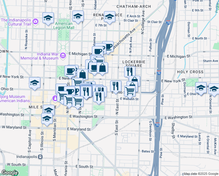 map of restaurants, bars, coffee shops, grocery stores, and more near in Indianapolis