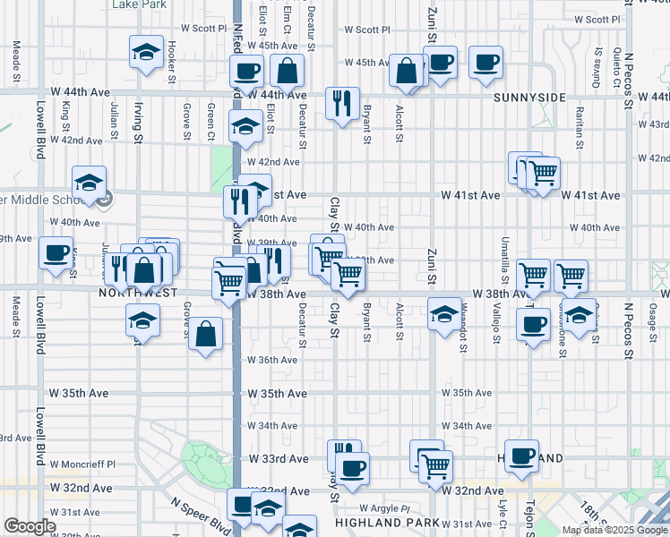 map of restaurants, bars, coffee shops, grocery stores, and more near 2438 West Denver Place in Denver