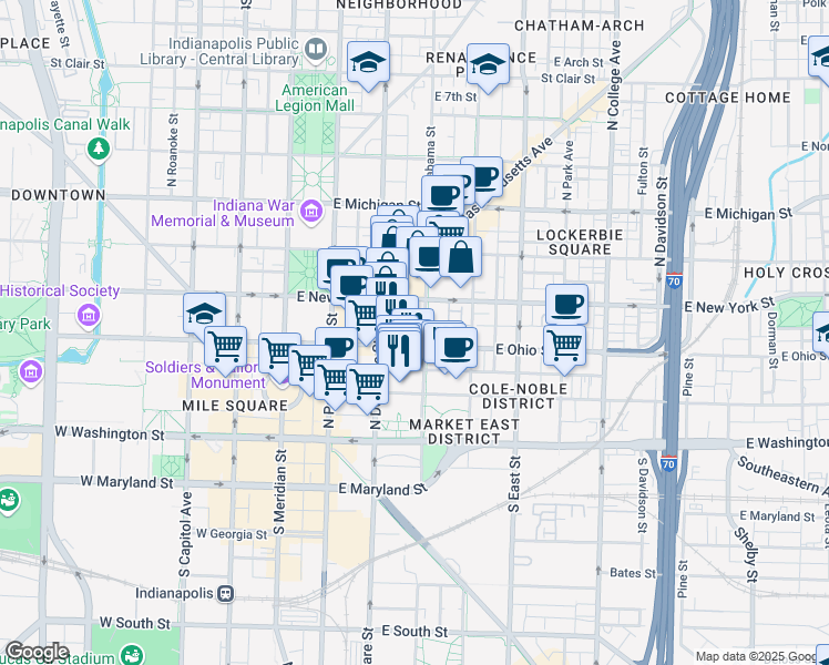 map of restaurants, bars, coffee shops, grocery stores, and more near 202 North Alabama Street in Indianapolis
