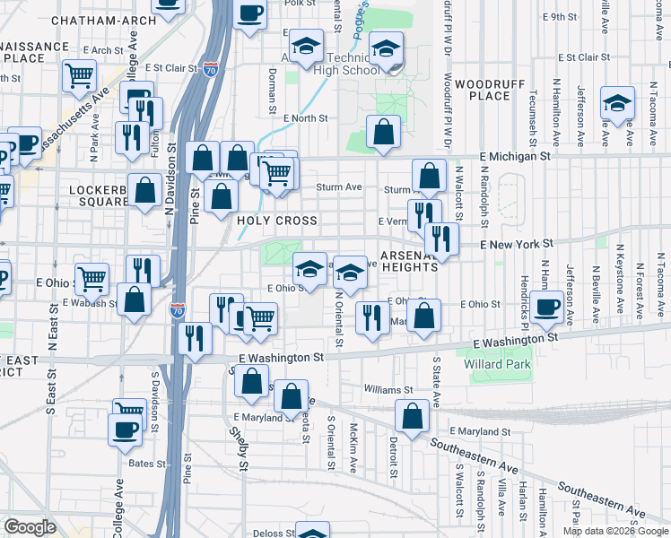 map of restaurants, bars, coffee shops, grocery stores, and more near 1321 East Ohio Street in Indianapolis