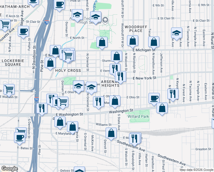 map of restaurants, bars, coffee shops, grocery stores, and more near 215 North Arsenal Avenue in Indianapolis