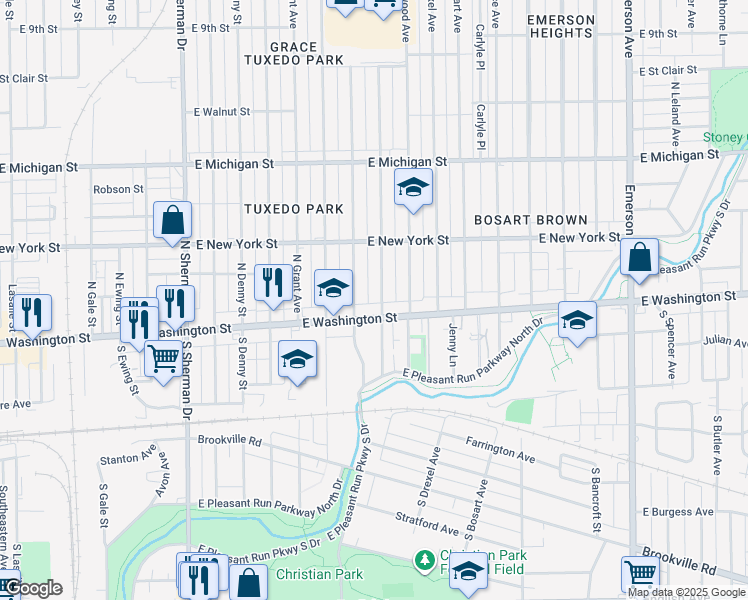 map of restaurants, bars, coffee shops, grocery stores, and more near 4317 East Washington Street in Indianapolis