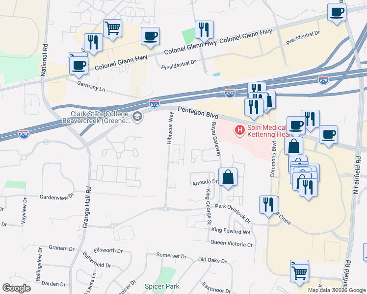 map of restaurants, bars, coffee shops, grocery stores, and more near 2690 Gardenia Avenue in Beavercreek
