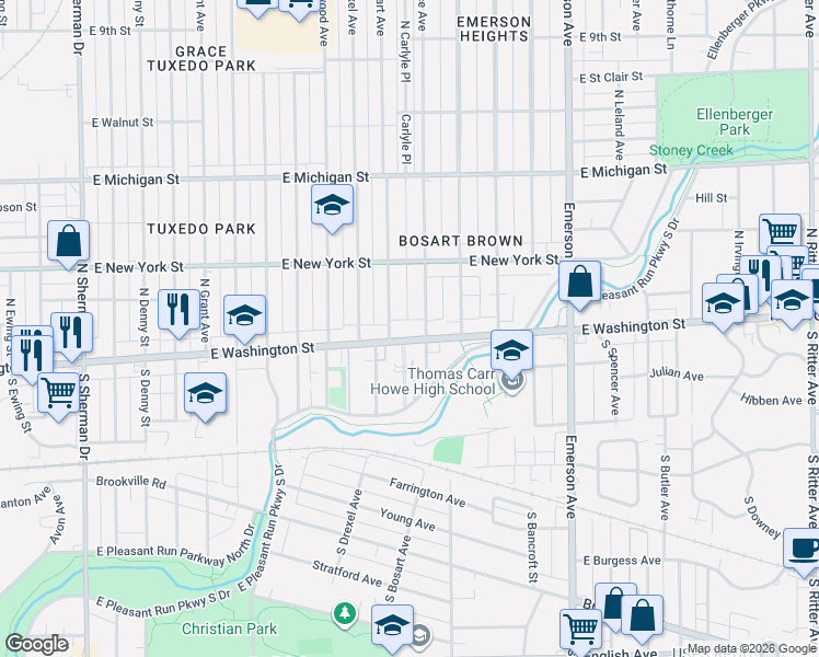 map of restaurants, bars, coffee shops, grocery stores, and more near 4741 East Washington Street in Indianapolis