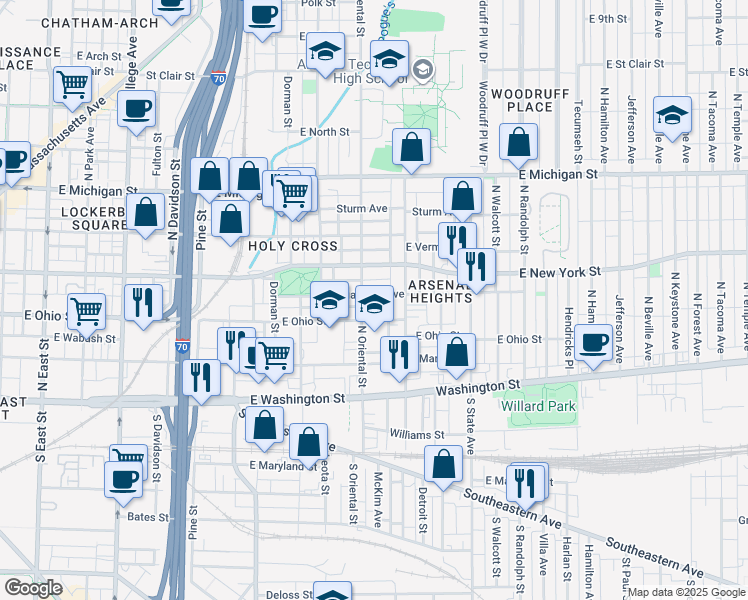 map of restaurants, bars, coffee shops, grocery stores, and more near 1424 East Ohio Street in Indianapolis