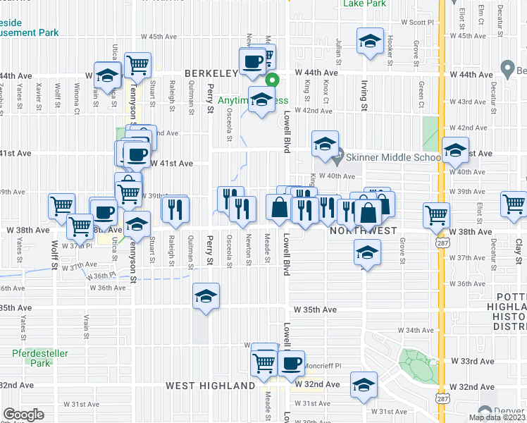 map of restaurants, bars, coffee shops, grocery stores, and more near 3839 Meade Street in Denver