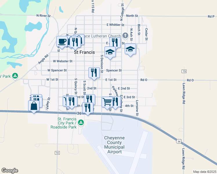 map of restaurants, bars, coffee shops, grocery stores, and more near 518-598 South Frances Street in St. Francis